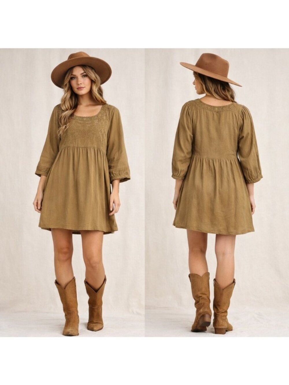 Solitaire Tunic Dress Medium Olive Green Embroidered Boho Babydoll Cottagecore